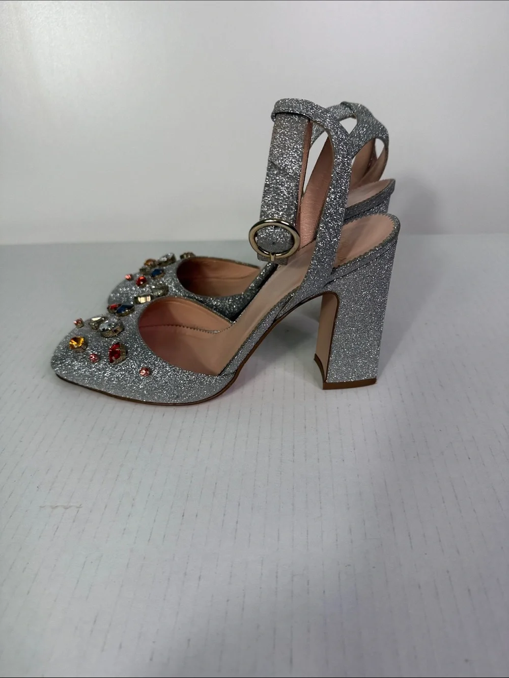J. Crew Vicky Silver Glitter Jeweled Ankle-Strap Heels size 7.5